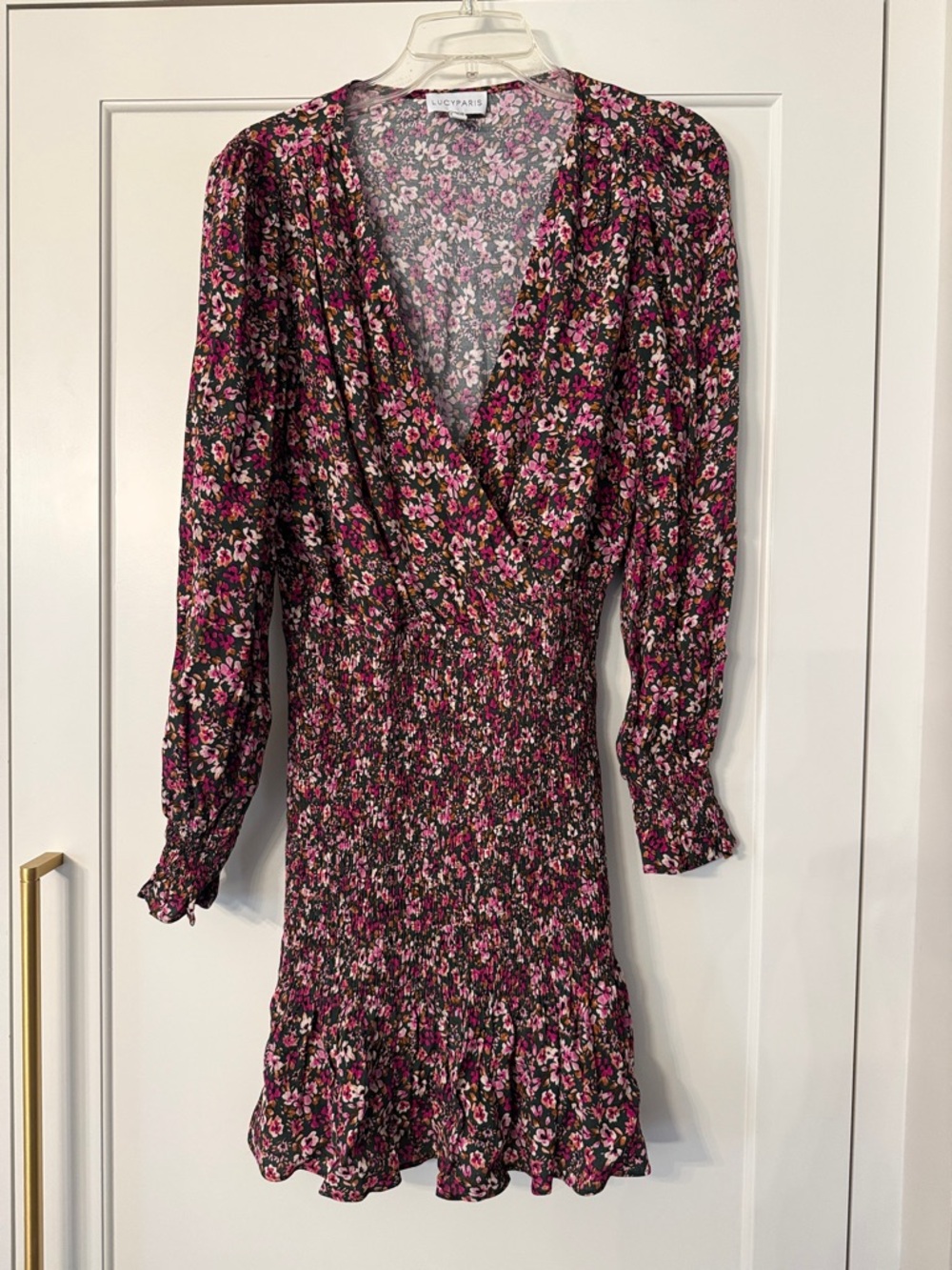 Lucy Paris Black Floral Long-Sleeve Smocked Mini Dress with Pink & Cream Flowers